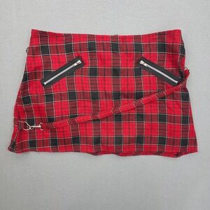 Vintage Morbid Threads Plaid Mini Skirt L Red Black Tartan Zipper Mall Goth Y2K